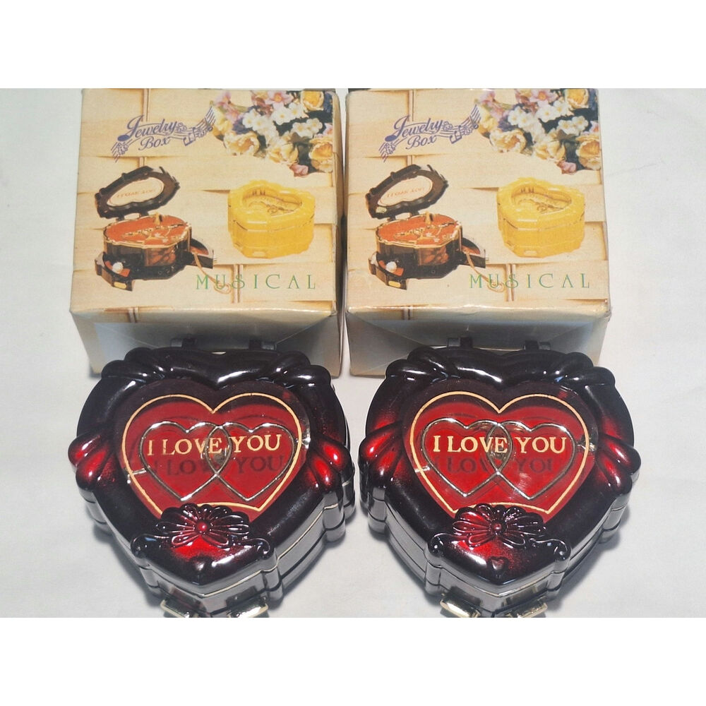Lot of 2 Musical Heart Jewelry Boxes I Love You Ring Holder w/ Original Boxes
